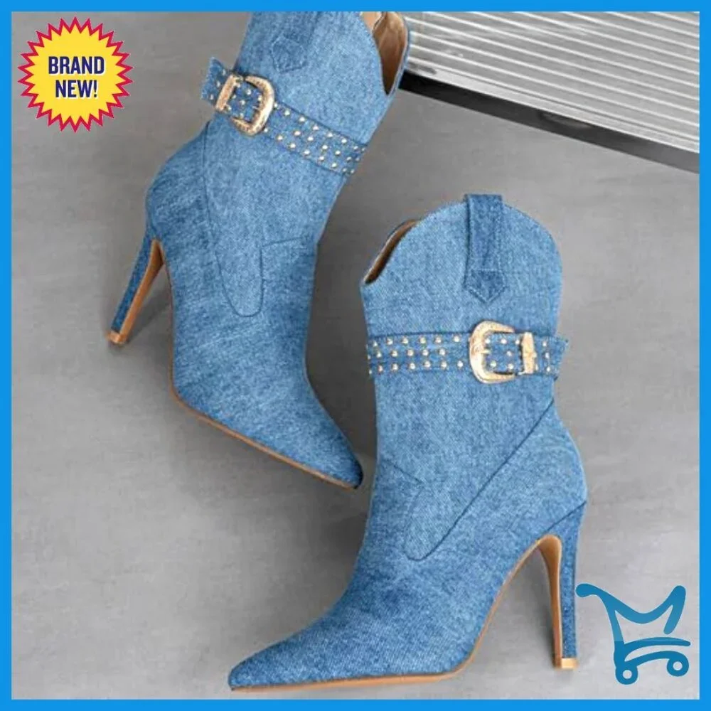 Denim Stiletto Ankle Boots Studded Buckle Side Zipper Mid-Calf Heels